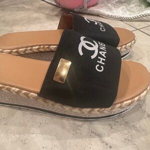CHANEL Black and Beige Espadrille Sandals